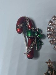Vintage Christmas Pin Lot Candy Cane Reindeer Snowman Tree Wreath Holiday Brooch