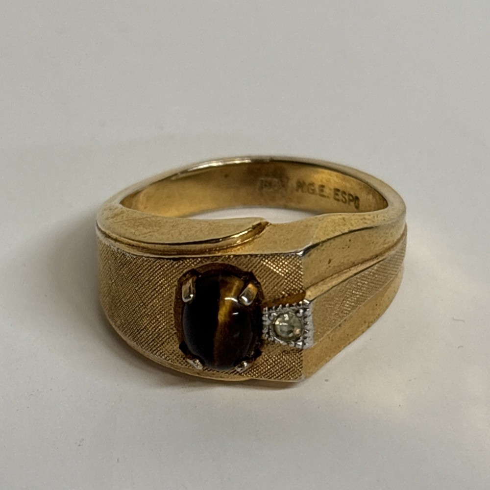Vintage ESPO 18K HGE Gold Tone Brass Tiger Eye And CZ Ring, Size 11.75