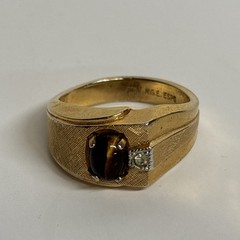 Vintage ESPO 18K HGE Gold Tone Brass Tiger Eye And CZ Ring, Size 11.75