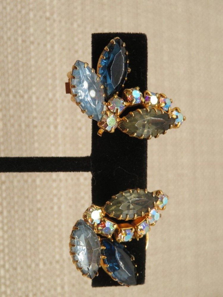 Vintage Blue Gray Rhinestone AB Accent Clip On Earrings