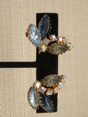 Vintage Blue Gray Rhinestone AB Accent Clip On Earrings