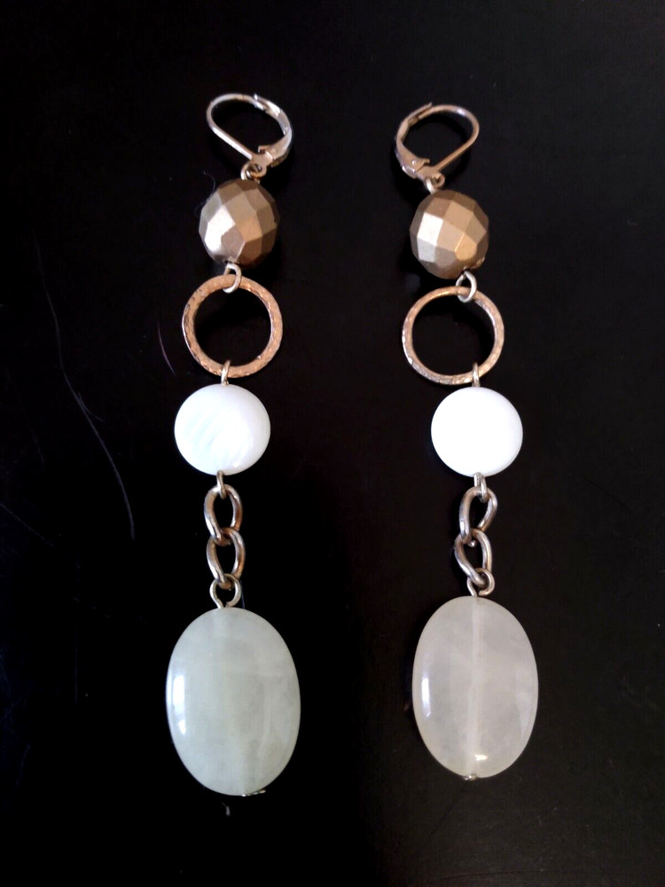 Vtg Brushed Gold & White Cabochon Stone Dangle Leverback Earrings 3.5 in Long