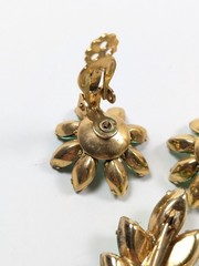 Green Rhinestone Flower Pin Brooch and Earrings Set 3D MCM 60’s Estate