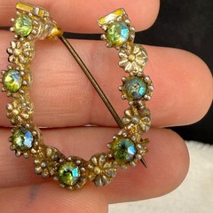 Vintage Rhinestone Horseshoe Brooch Gold Tone AB Green Sparkle