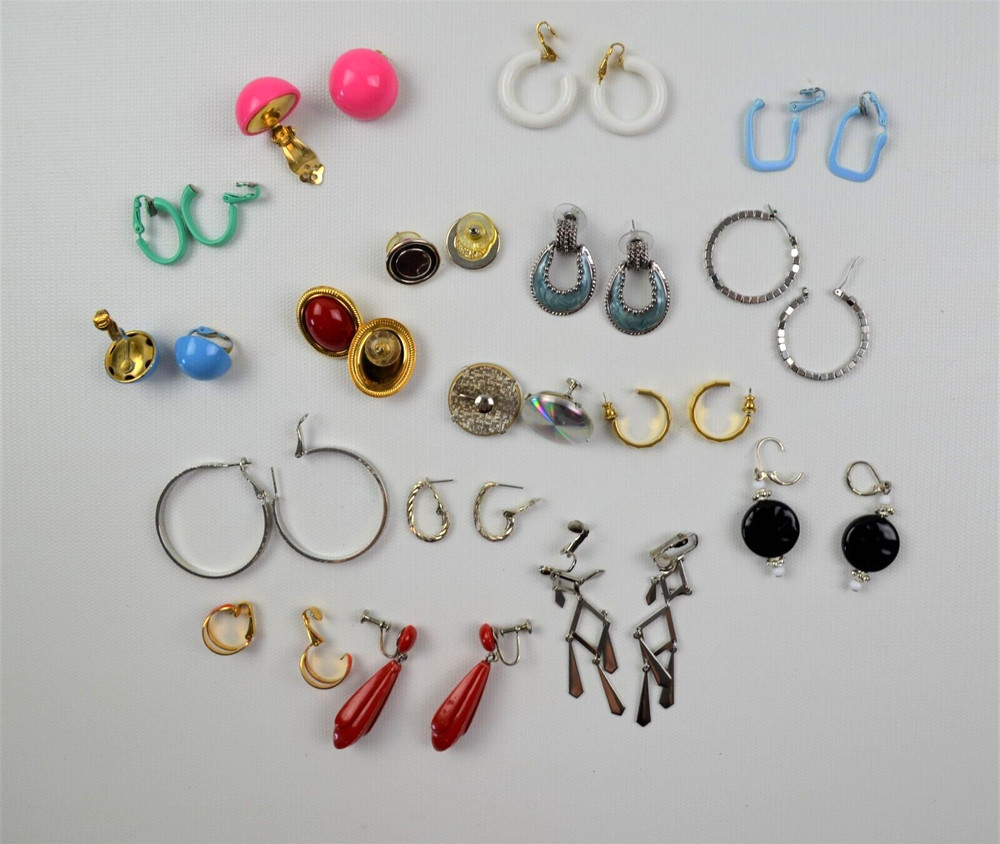 Misc Lot of 17 Vintage Earrings, Various Shapes and Colors Metal and Plastic
