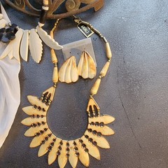 lot of carved bovine bone jewelry vtg or antique Necklace Earrings India organic