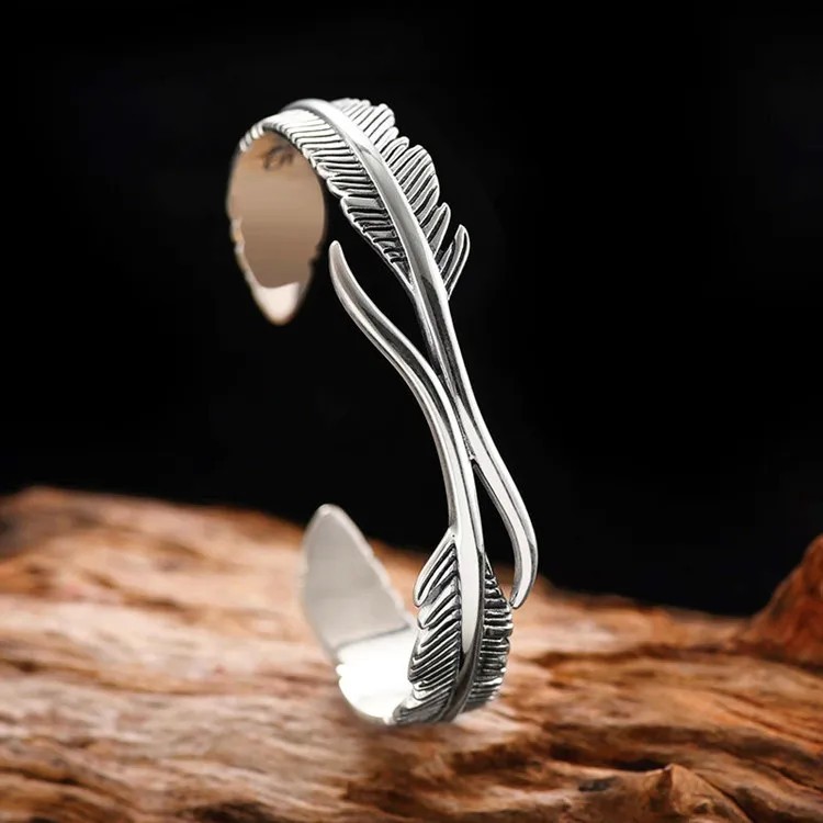 Retro Sterling Silver Feather Cuff Bangle Vintage Bracelet Leaf Women Gift xmas