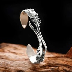 Retro Sterling Silver Feather Cuff Bangle Vintage Bracelet Leaf Women Gift xmas