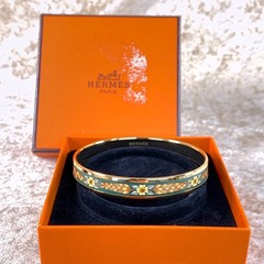 Vintage Hermes Enamel Bangle Bracelet Green Enamel Hibiscus Gold Rim 65 w/Case