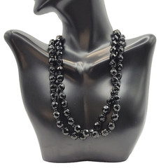 Black Glass Bead Necklace Double Strand West Germany Vintage 1950 1960s 16 Inch