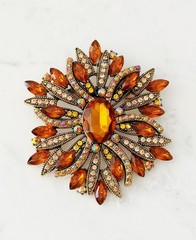 Vintage Amber Crystal Rhinestone Brooch, Antique Gold Tone Statement Pin