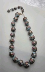 3 pc Set Necklace Earrings Vtg Italy Wedding Cake Beads Glass Blue Gold Pink