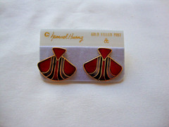 VINTAGE SAMUEL HUANG DESIGNER CLOISONNE RETRO MOD FAN RED BLACK SILVER EARRINGS