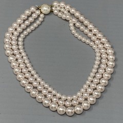 Imitation Pearl Necklace Soft Pink Hue Tripple Strand Collar Classic Couture 16″