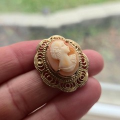 Vintage Cameo Brooch Carved Shell Portrait 1920s Orange White ornate filagree