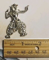 Thai Bali DANCER 2″ Exotic Figural Costume, Silver Tone Brooch, Clear Stones!