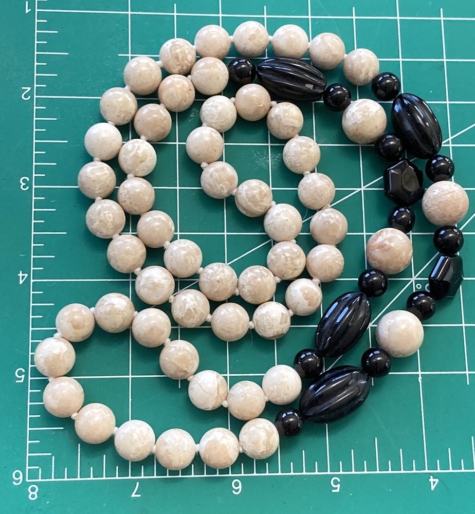 Vintage Bead Necklace Hand Knotted Gemstone Jasper Onyx Cool Stone 33″ VTG