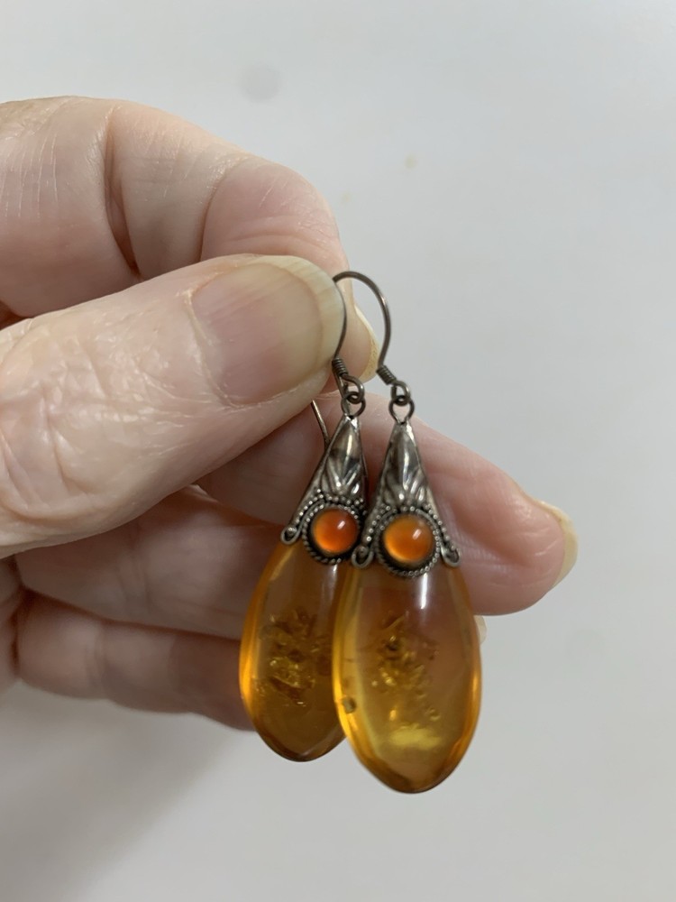 Genuine Vintage Baltic Amber earrings. A Teardrop Design,SS &Carnelian Gem Stone