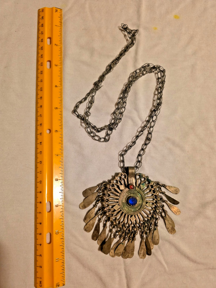 Vintage Kuchi Afghan Sunburst Pendant Necklace Brass Tribal Blue Red Glass Boho