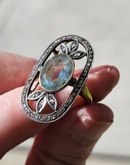Antique Aquamarine And Rose Cut Diamond 18k And Silver Topped Ring.
