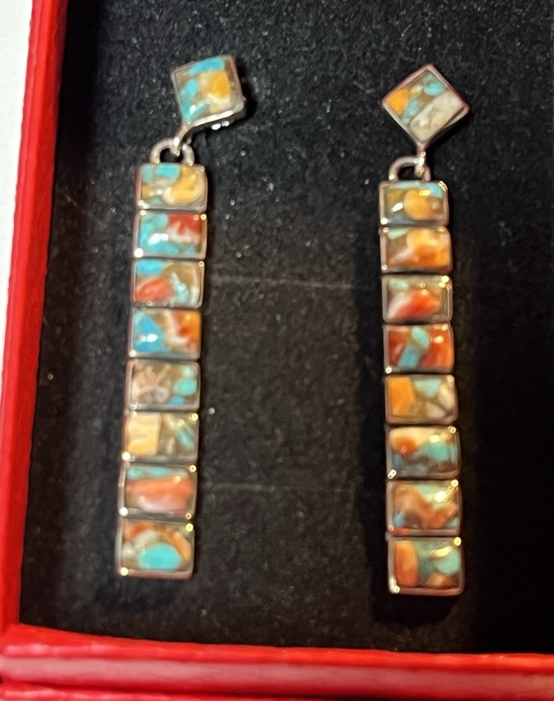 Vintage Sterling Silver Multicolor Drop Earrings 8 Rectanges &1 Rombus Shape 2″L