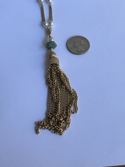 Vintage Park Lane Tassel Necklace With Faux Pearl & Jade Gold Tone Chain L198