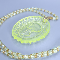 Uranium Glass Necklace 23” Cameo Pendant Vaseline Yellow Czech Beads