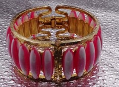 Vintage Hinged Pink & White Stripe Peppermint Lucite & Metal Clamper BRACELET