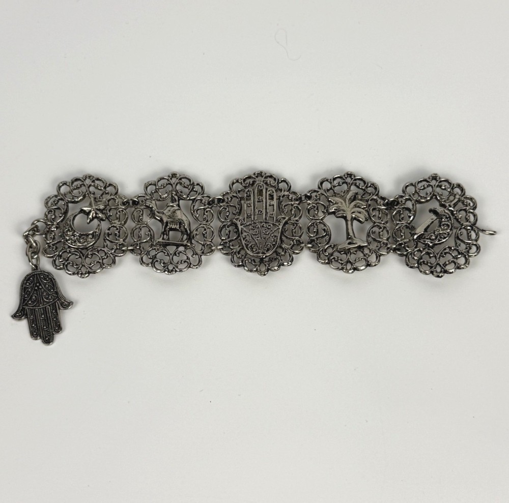 Vintage Silver-Tone Filigree Panel Bracelet De Maroc Morocco Boho Souvenir