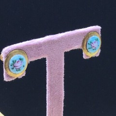 Guilloche Floral Earrings Gold Tone Teal Blue Pink Rose Painted Screw Back .5″