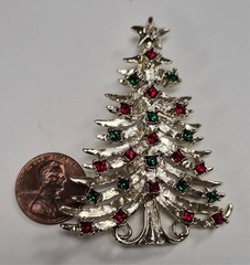 Vintage Signed TANCER II Red & Green Rhinestone Christmas Tree Pin / Brooch