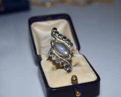 Vintage Moonstone & Sapphire Large Statement Ring in Palladium Bypass Design Cey