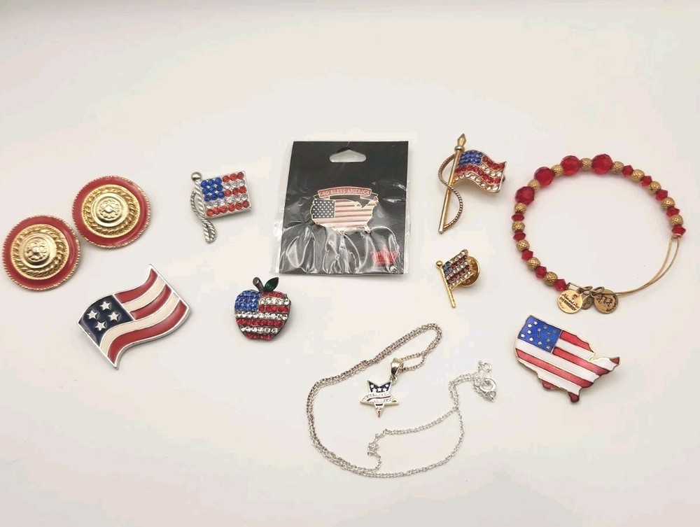 Vtg to Contemporary Patriotic Red White & Blue Jewelry Lot Rhinestones Enamel