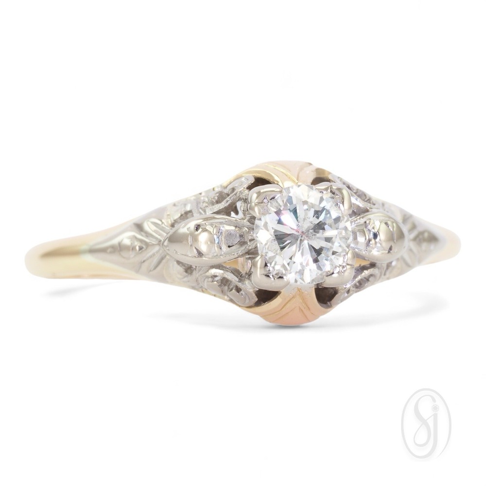 ART DECO DREAMS 18K Yellow Gold & Platinum Set 0.30ct Brilliant Cut Diamond Ring