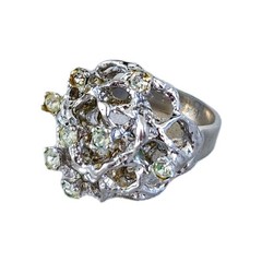 Vtg Cocktail Ring Sz 8 Brutalist 14K White Gold Plated H.G.E. Volcanic Freeform