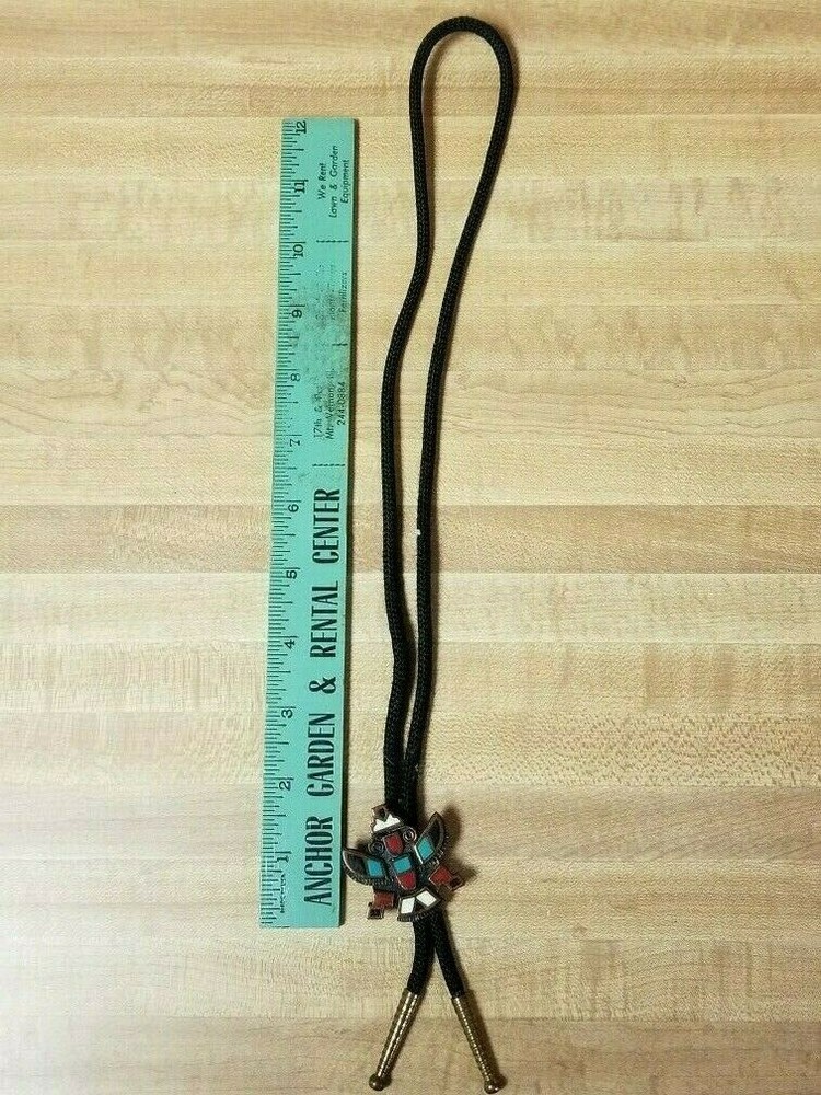 Turquoise Red White Copper-Tone Mexican Slide Bolo Tie – Black Cloth