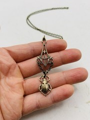 Vintage Egyptian Revival Art Nouveau Lavalier Filigree Scarab Beetle Necklace