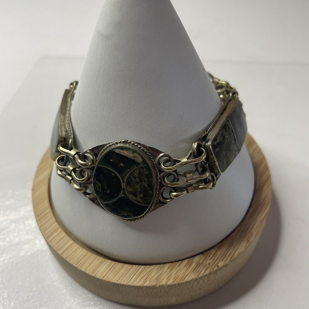 Silver Toned Green Inlay Vintage Bracelet Estate Marble Look Unique Read
