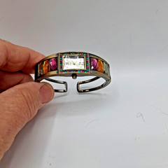 “Vintage” Quartz Spring, Ladies Gold Tone Jeweled Cuff Bracelet Analog Watch.