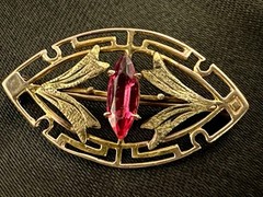 Antique Art Deco 10K Rose and Yellow Gold Glass/Paste Ruby Brooch