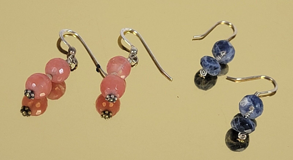 Blue Sodalite Pink Quartz Sterling Silver Earrings Lot Of 2 French Wire Dangle