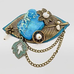 Artisan Brooch Variscite Stone & Freshwater Pearls Brass Leaf Leather Steampunk