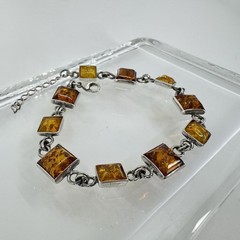 Vintage Sterling Silver Amber Link Bracelet 8.5-9.75” Adjustable 13.7g