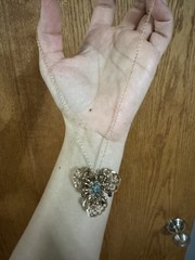 Judy Lee Style floral brooch Necklace blue rhinestones in a gold-tone filigree