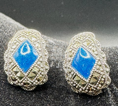 Vintage 925 Sterling Silver Marcasite Blue Inlay Earrings Thailand Art Deco