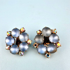 Vintage Clip On Earrings Baby Blue AB Rhinestone Frosted Glass Cabochon Stones