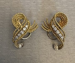 Natural Diamond Earrings Estate Vintage Rope Swirl Omega Clip 14K Gold 10.8g
