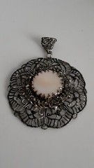 Vintage Mother of Pearl Silvertone Filigree Open work Round Pendant