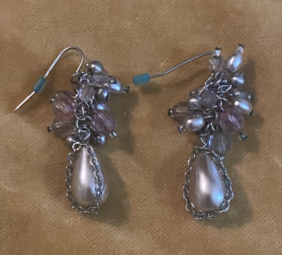 Champagne/Silver Tone Dangle Faux Tear Drop Pierced Earrings W/ Clusters