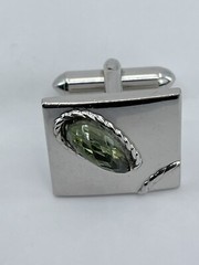 Vintage Swank mens cufflinks green teardrop faceted glass stone rope accents